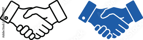 Two handshakes one outlined and one solid blue on transparent background silhouette