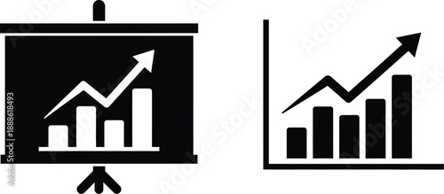 Two business graph icons one on a stand with a silhouette on transparent background