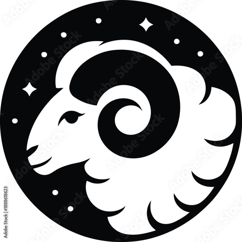 Aries Zodiac Symbol in Black and White with Stars Logo Vector Design Template for Business and Identity