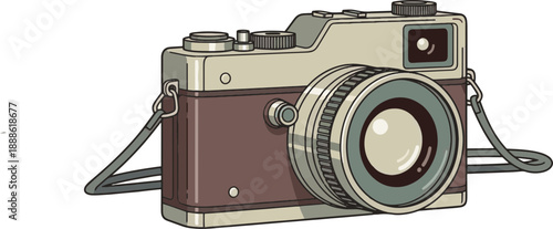 Vintage camera illustration with brown and silver body lens and straps on white background retro photography equipment nostalgic photography device classic camera design detailed drawing artistic