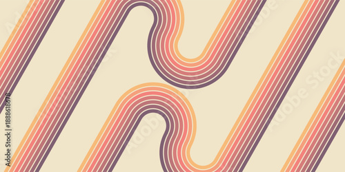 A retro 1970s-style background. Colorful lines. Abstract, dynamic curved ribbons. A serpentine curve of a race track. Designed for posters or banners for sports competitions. design