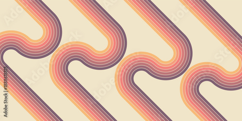 A retro 1970s-style background. Colorful lines. Abstract, dynamic curved ribbons. A serpentine curve of a race track. Designed for posters or banners for sports competitions. modern