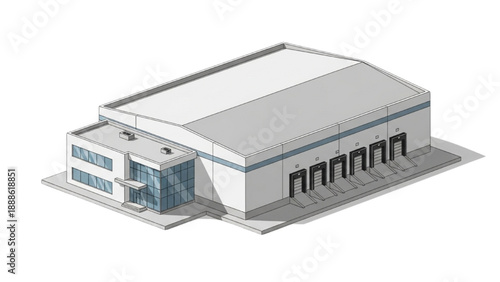 Modern Isometric Illustration of a Large Industrial Warehouse Building with Multiple Loading Docks and Office Space