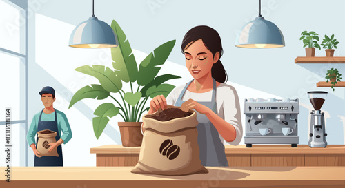 Charming vector illustration of a barista preparing coffee beans in a cozy cafe setting