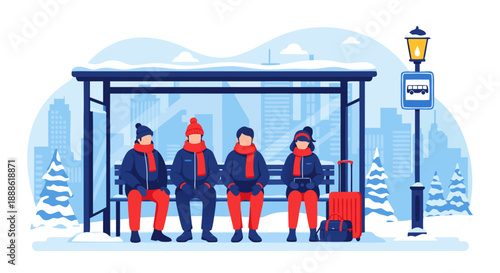 Winter bus stop vector illustration, people waiting for transport in snow