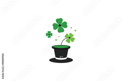 Black leprechaun hat with green shamrock leaves coming out for saint patrick day festival decoration