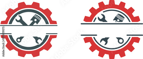 Red Gear Icon with Tools and Engine Parts Logo Vector Design Template for Business and Identity