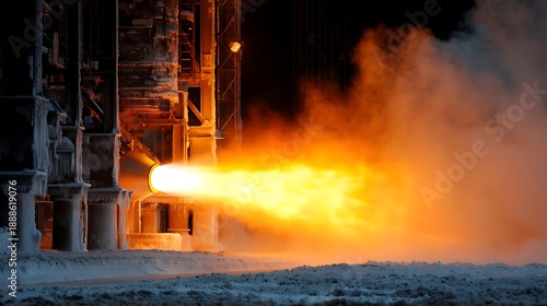 Powerful propulsion system test generates intense fiery exhaust against a cold, dark background