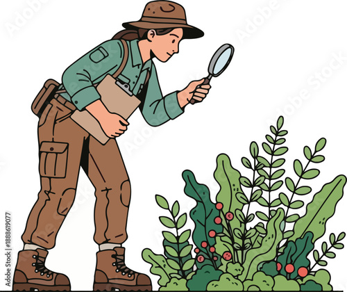 A botanist examines plants with a magnifying glass in a lush green environment from a side view.