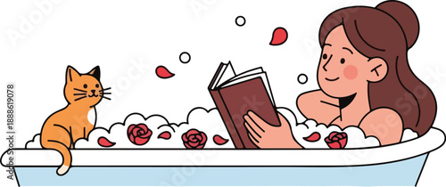 A woman relaxes in a bubble bath with a cat and book surrounded by rose petals