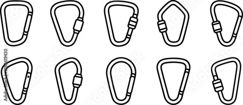 Eight black carabiner outlines arranged in a grid on transparent background silhouette