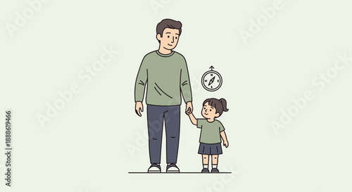 A father and daughter stand together, holding hands, with a stopwatch above their heads, symbolizing time passing and the importance of family moments in a simple, flat illustration.