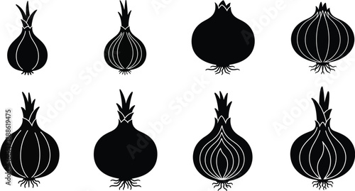 Black onion illustrations in varying shapes perfect for design on transparent background silhouette