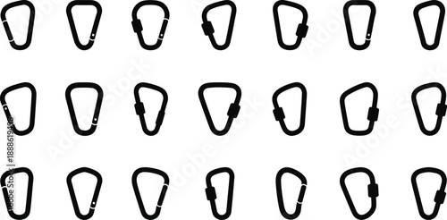 Arrangement of black carabiner clips in a grid pattern on transparent background silhouette