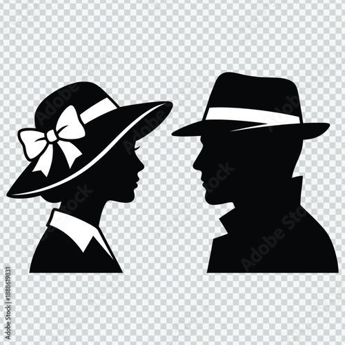 Vintage silhouette couple with hat and bow vector illustration