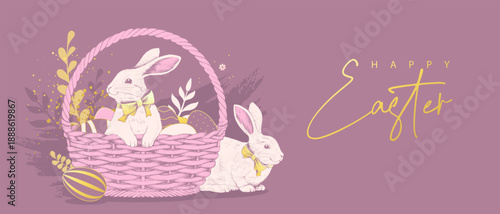Happy Easter poster or greeting card with rabbits, floral decorative elements, basket and Easter eggs on pink background. Vector illustration