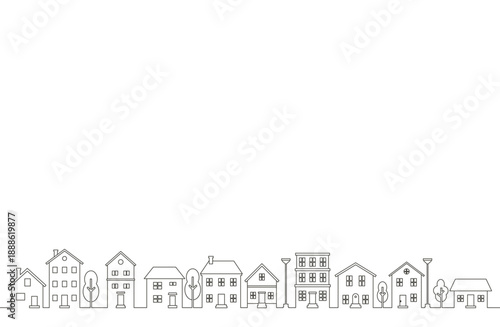 一軒家が並ぶ住宅街を線で描いたミニマルな背景イラスト素材