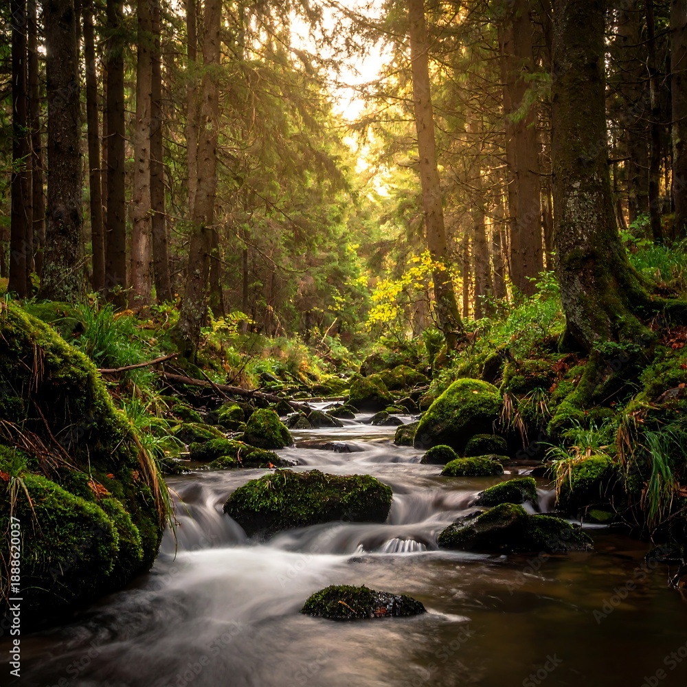 Obraz premium A serene forest stream with mossy rocks and trees