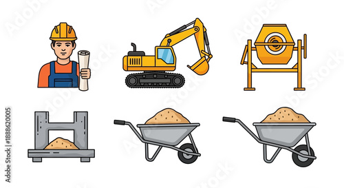 Construction Icons Set: Worker, Excavator, Cement Mixer, Wheelbarrow, and Heavy Building Equipment Flat Cartoon Illustration on White Background.