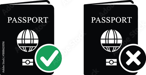 Two passport icons one with a checkmark and one with an x on transparent background silhouette