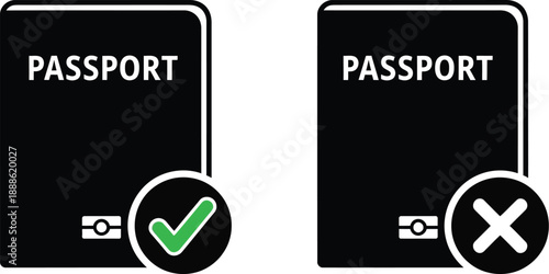 Two passport icons one approved and one rejected on transparent background silhouette
