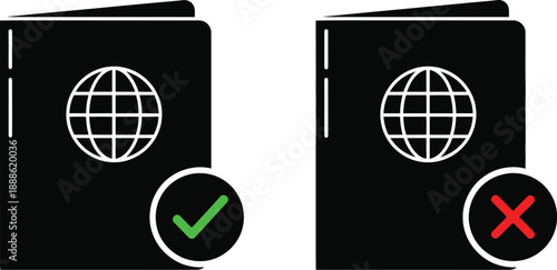 Two passport icons with check and cross marks on transparent background silhouette