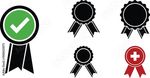 Three award ribbons and two circular icons on transparent background silhouette