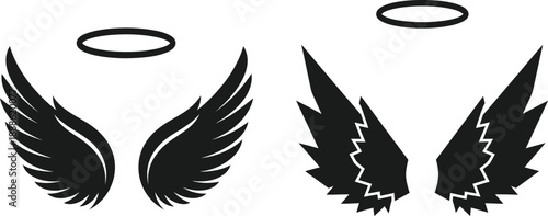 Fotografi Pair of black angel wings with halos a striking silhouette on transparent backgr