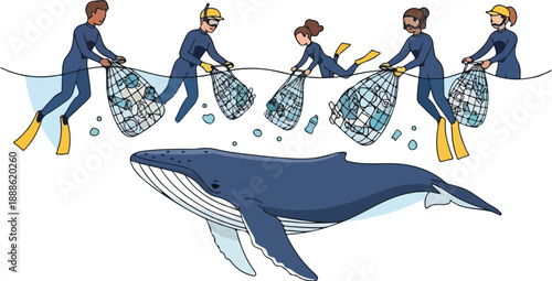 Divers cleaning ocean pollution with nets near a whale, underwater scene illustration