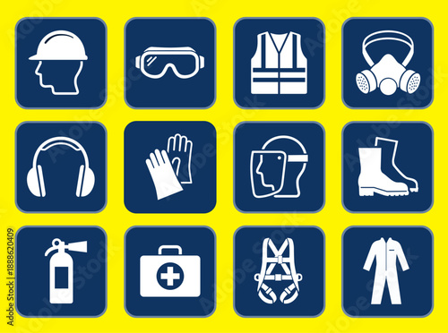 minimalist PPE vector icons. White industrial safety silhouettes on navy blue squares. Includes hard hat, goggles, respirator, vest, gloves, and boots. Clean, professional workplace signage style