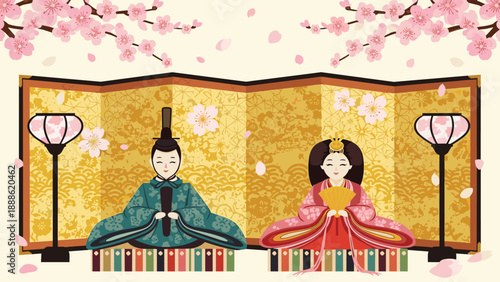 Traditional Japanese doll festival display for girls day featuring detailed emperor and empress figures against a golden screen.