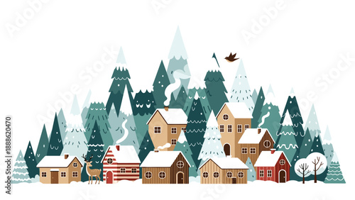 Peaceful winter village landscape with cozy houses nestled among snow covered evergreen trees in a magical mountainous setting.