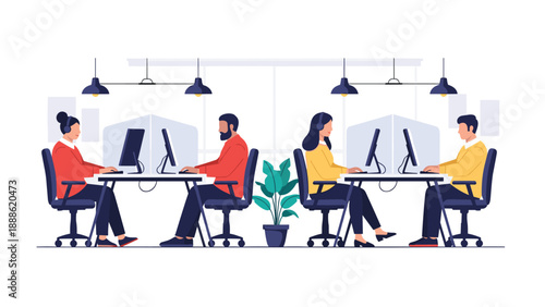 Modern office workspace illustration with diverse employees wearing headsets and working at computer stations with privacy dividers.