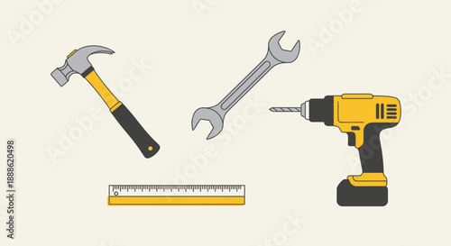 Hand Tools and Power Drill Set Vector. DIY Home Improvement, Construction, and Repair Equipment Illustration.