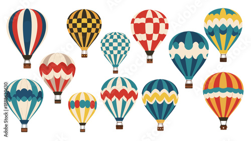 Colorful hot air balloon set with various decorative patterns including stripes, checkers, waves, and circles on a white background.