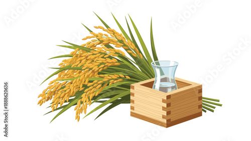 Still life illustration of golden rice stalks and a wooden masu cup filled with sake representing a successful autumn harvest.