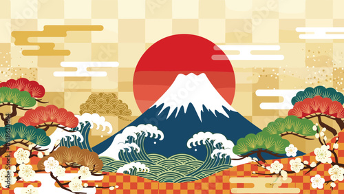 Traditional Japanese landscape illustration featuring Mount Fuji at sunset with giant waves, pine trees, and blooming plum blossoms.