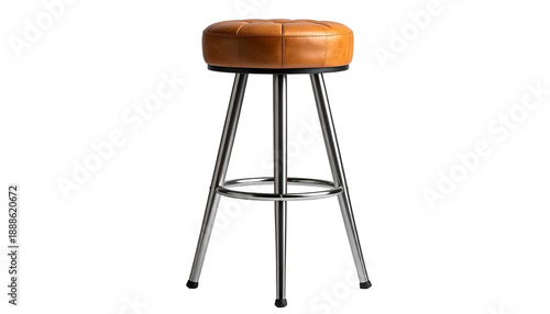 Brown leather-topped bar stool with chrome legs, set against a stark black background