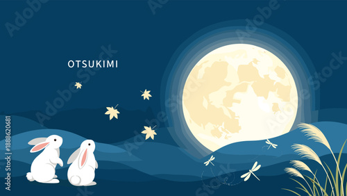 Night scene illustration for Otsukimi moon viewing festival with two cute white rabbits looking at a large glowing full moon.