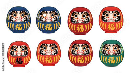 Set of colorful Japanese Daruma dolls in various colors like red, blue, and green featuring the kanji character for good fortune.