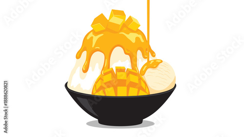 Delicious mango shaved ice illustration in a black bowl topped with fresh mango cubes, syrup, and a scoop of vanilla ice cream.