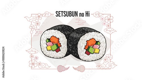 Ehomaki sushi rolls illustration for Setsubun festival framed with traditional Japanese cloud and cherry blossom patterns.