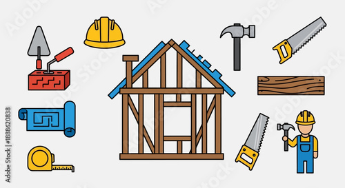 Building and Construction Toolkit Icons: House Frame Structure, Carpenter Tools, Blueprint, Safety Hard Hat, Trowel, and Saw.