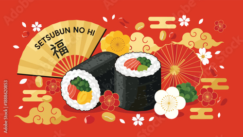 Festive Setsubun festival illustration with ehomaki sushi, folding fan, plum blossoms, and roasted beans on a vibrant red background.