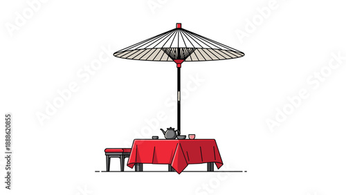Traditional Japanese outdoor tea ceremony set with a teapot and cups on a red table under a large white paper umbrella.
