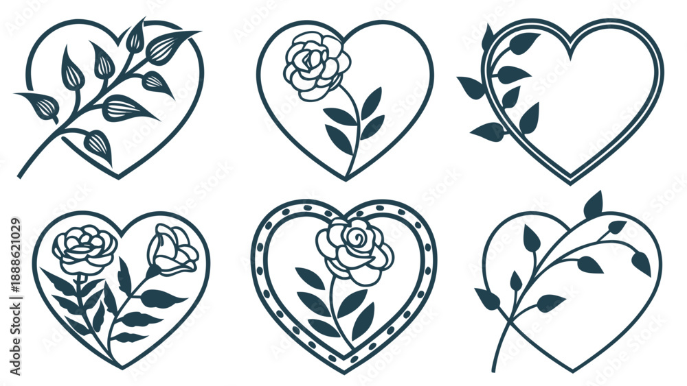 Fototapeta premium Elegant Heart Line Art Set with Rose and Leaf Details in Navy Blue Outline