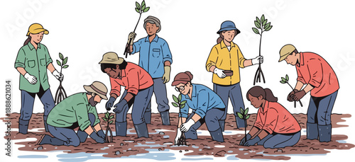 Group of people planting trees together in a garden from a high viewpoint