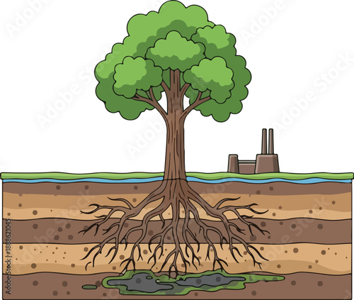 Tree with extensive roots standing tall amidst industrial landscape illustration