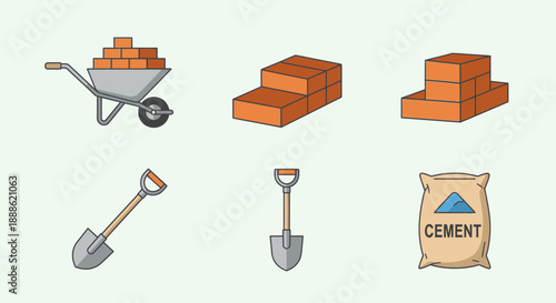 Building and Construction Tools Flat Icons Set: Brick, Cement, Wheelbarrow, and Shovels Vector Illustration Collection for DIY and Renovation Projects