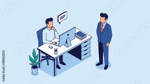 Isometric business illustration of a manager or advisor standing and consulting with a man working at a computer desk.